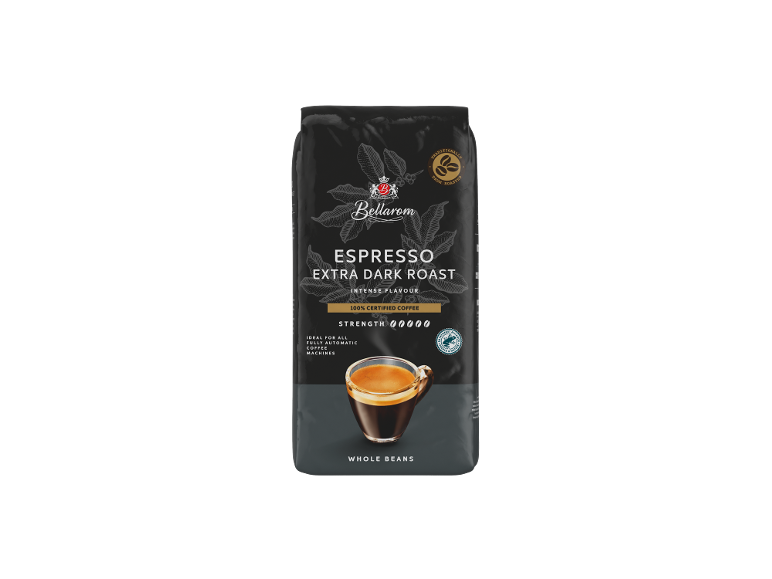 Espresso ekstra temno pražena cela zrna kave, z intenzivnim okusom in močjo 5/5.