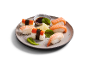 Krožnik z izborom nigiri sushija, sojino omako, vasabijem in ingverjem