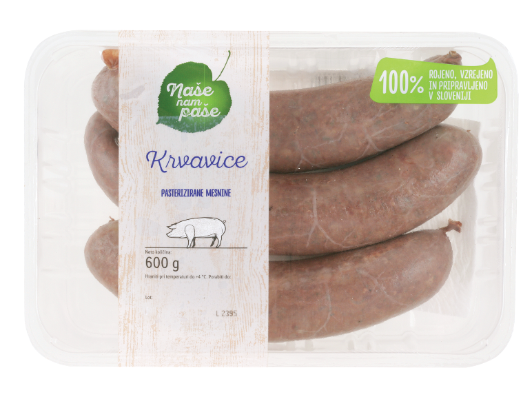 Pakirane pasterizirane krvavice, 600g, 100% proizvedeno v Sloveniji.