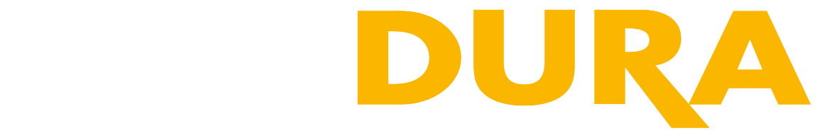 Logotip z besedo „DURA“ v oranžni barvi in belim delom na levi.