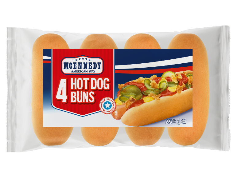 Pakirani hot dog žemljice, 4 kosi, z ilustriranim hot dogom.