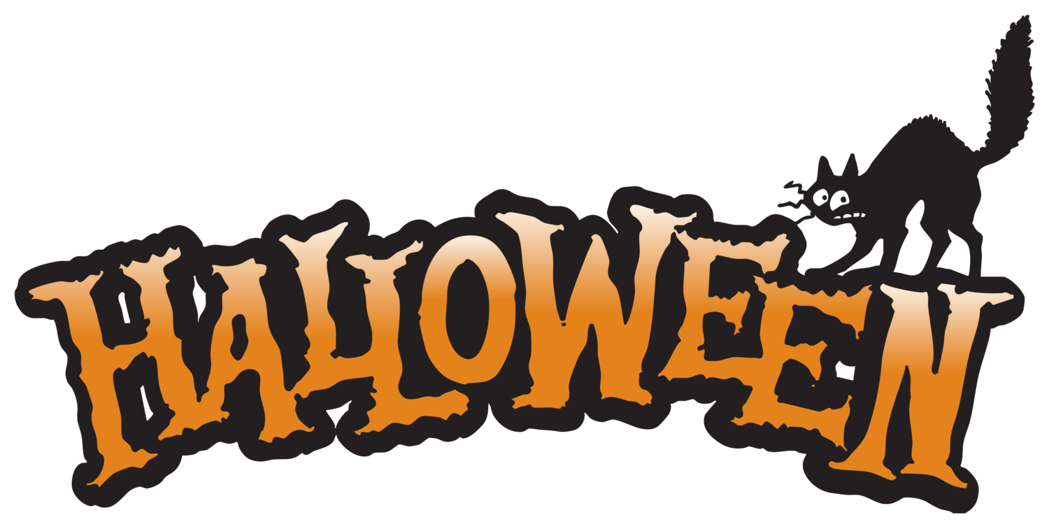 Napis 'HALLOWEEN' v strašljivi pisavi s prestrašeno črno mačko.