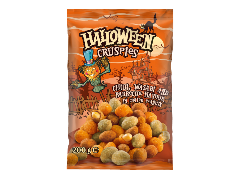 Halloweenski hrustljavci s čilijem, vasabijem in okusom žara v obloženih arašidih.