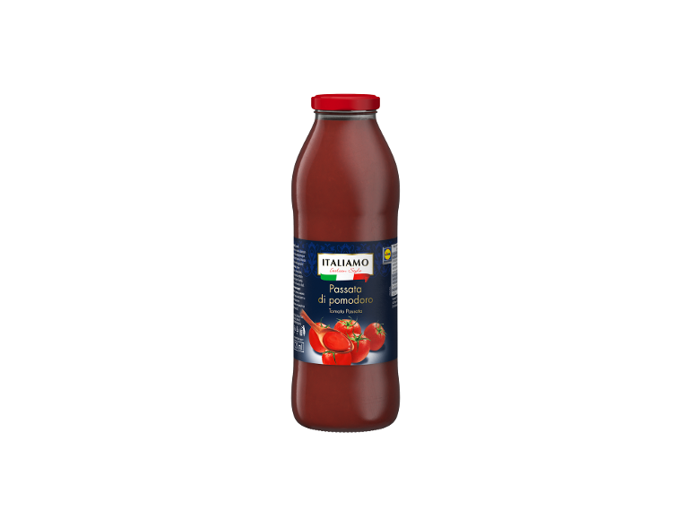 Steklenica paradižnikove pasate z modro etiketo, ki prikazuje sveže paradižnike.