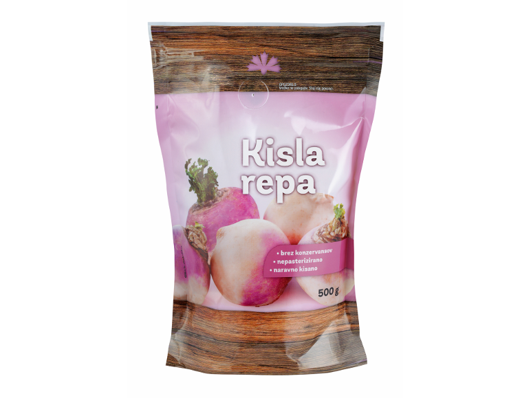 Vrečka kisle repe z lesenim ozadjem, napisom 'Kisla repa' in 500g.