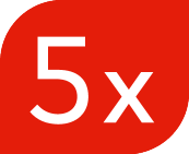 Rdeč pečat z belim besedilom '5x'.