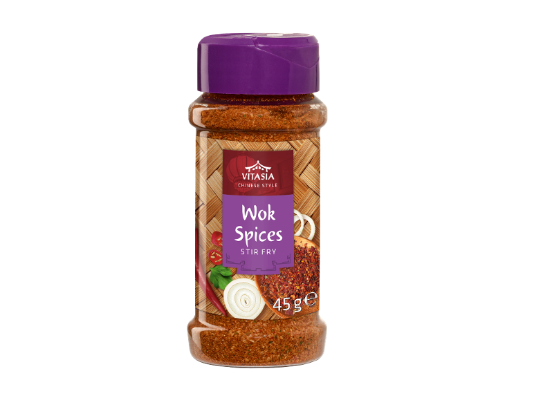 Kozarec začimb za vok z napisom „Wok Spices Stir Fry“, 45 g.