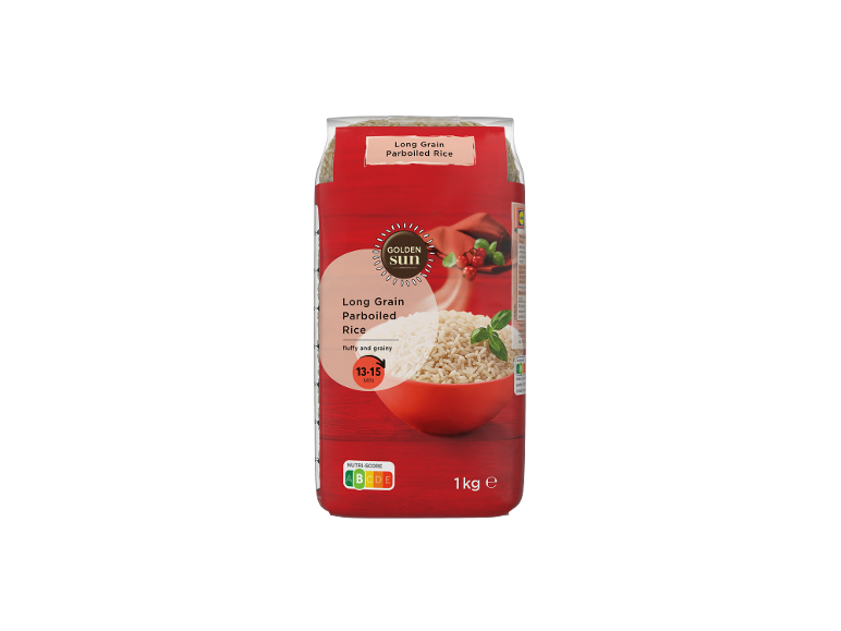 Paket 1 kg dolgozrnatega parboiled riža z skledo riža in oceno hranilne vrednosti A.