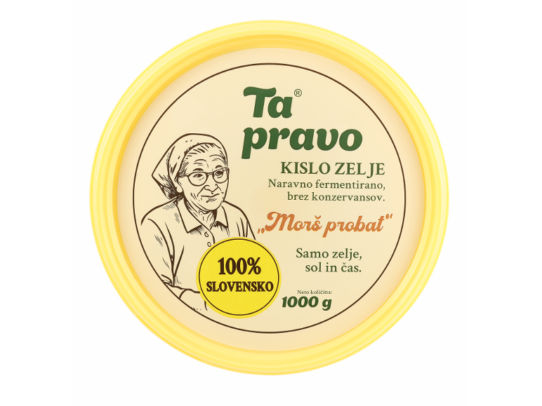 Posoda kislega zelja z ilustracijo babice, besedilo v slovenščini.