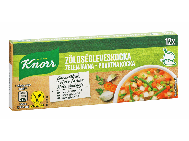 Brezglutenska zelenjavna jušna kocka, 12 kosov, s skledo juhe.