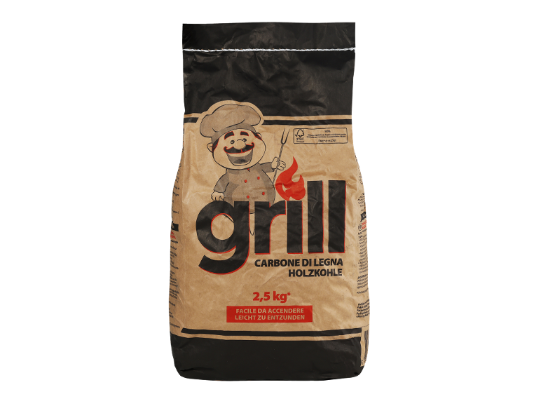 Rjava vreča oglja s karikaturo kuharja in napisom 'grill', 2,5 kg