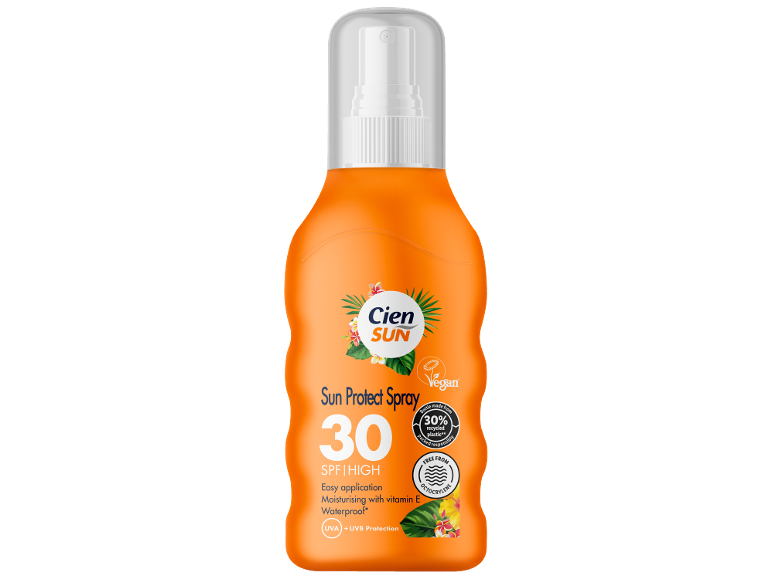 Sprej za zaščito pred soncem SPF 30 z vitaminom E, vodoodporen in veganski.