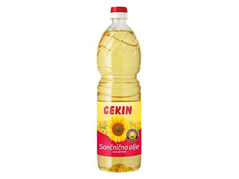 Steklenica sončničnega olja z rumeno in rdečo etiketo, ki prikazuje sončnico.