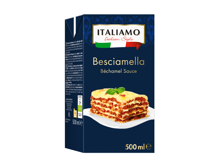 Pakiranje bešamel omake v italijanskem slogu z lazanjami in besedilom 500 ml.