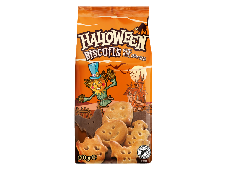Halloweenski piškoti z mlečno čokolado, s strašilom, hišo strahov in črno mačko.