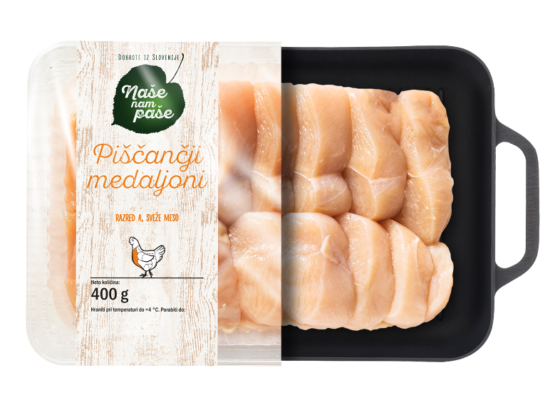 Pakirani sveži piščančji medaljoni, 400g, z napisom 'DOBROTE IZ SLOVENIJE'.