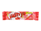 Rdeč ovitek žvečljivih bonbonov z okusom češnje, z napisom 'Chewy Candy' in '6 Strips'.