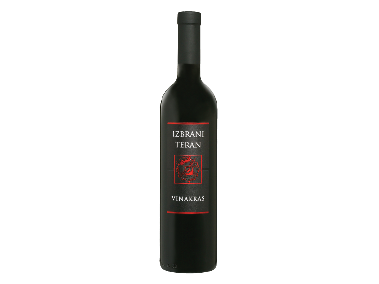 Steklenica rdečega vina s črno etiketo z napisom 'IZBRANI TERAN' in 'VINAKRAS'.
