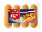 Pakirani hot dog žemljice, 4 kosi, z ilustriranim hot dogom.