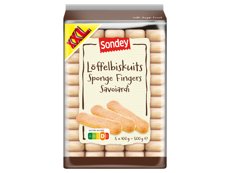 Paket piškotov s sladkorno skorjico, z oznako XXL in Nutri-Score.