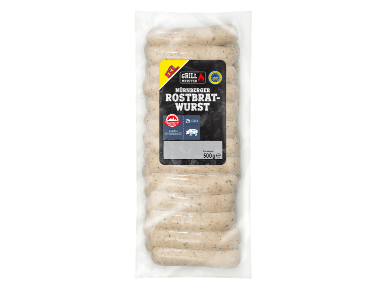 Paket 25 nürnberških klobas Rostbratwurst, 500g, s črno in rumeno etiketo.