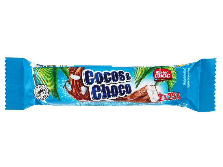 Kokosova in čokoladna ploščica z napisom 'Cocos & Choco' in '2x25g'.