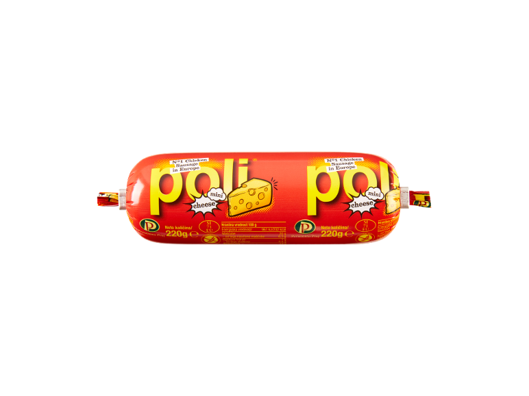 Rdeča piščančja klobasa s sirom, označena kot „Piščančja klobasa št. 1 v Evropi“ in „mini sir“.