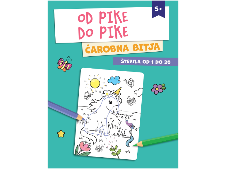 Knjiga dejavnosti od pike do pike z motivom samoroga za otroke 5+.