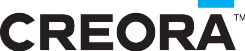 Logotip CREORA s simbolom blagovne znamke in modrim elementom.