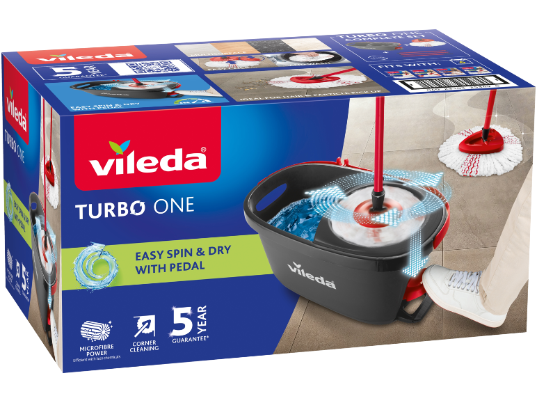 Škatla kompleta za čiščenje z vedrom in mopom, z napisom 'TURBO ONE' in 'EASY SPIN & DRY WITH PEDAL'.