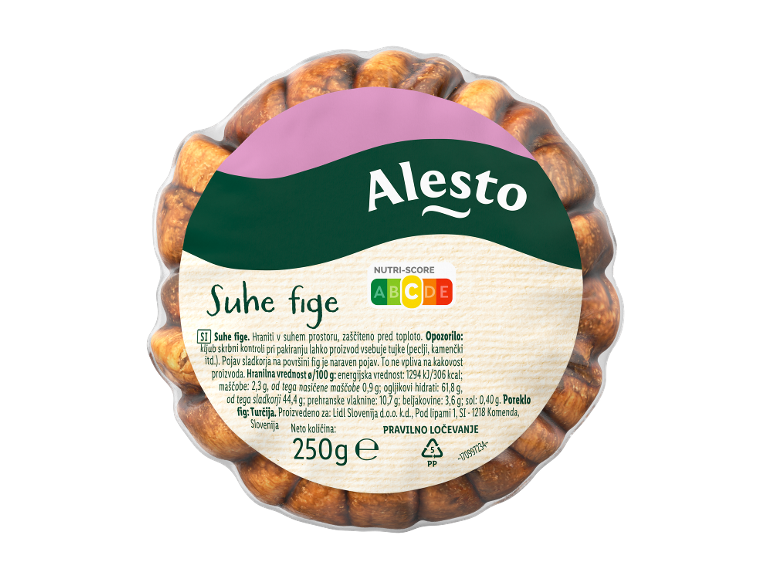 Paket suhih fig s prehranskimi informacijami in poreklom.