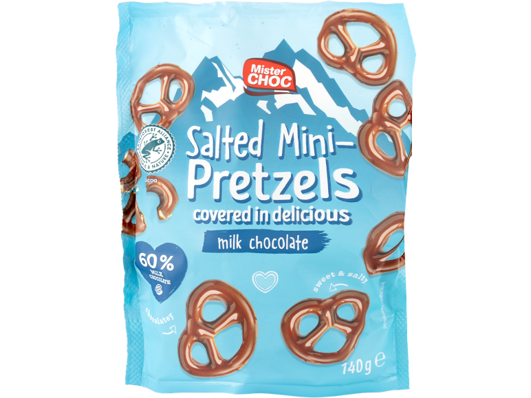 Slani mini preclji, prekriti z okusno mlečno čokolado, 60% mlečne čokolade.