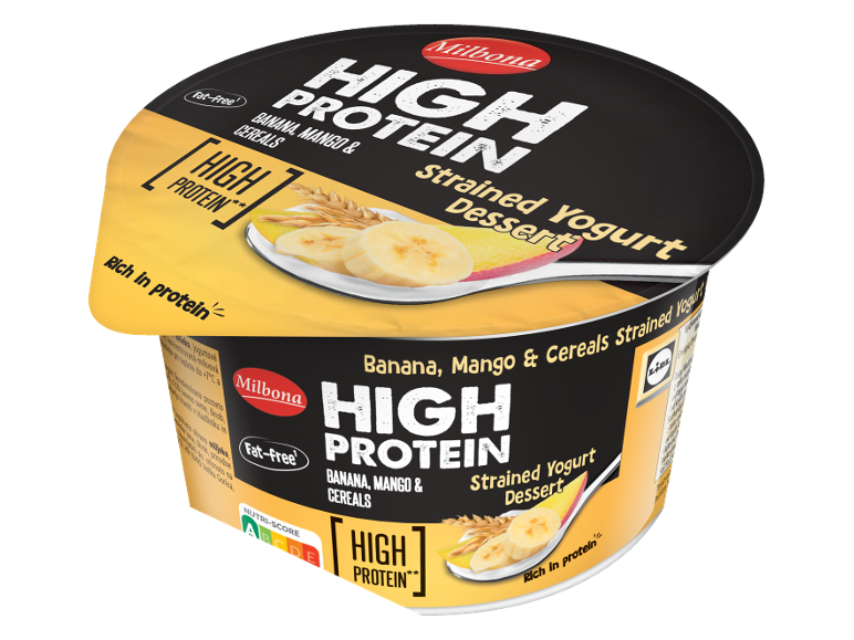 Visokoproteinski jogurt z banano, mangom in žitaricami, brez maščob.
