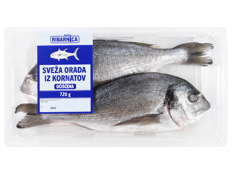 Pakirani, očiščeni fileji orade, 720 g, z modro etiketo.