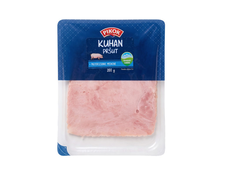 Pakiranje narezane kuhane šunke, 200 g, z napisom „KUHAN PRŠUT“.