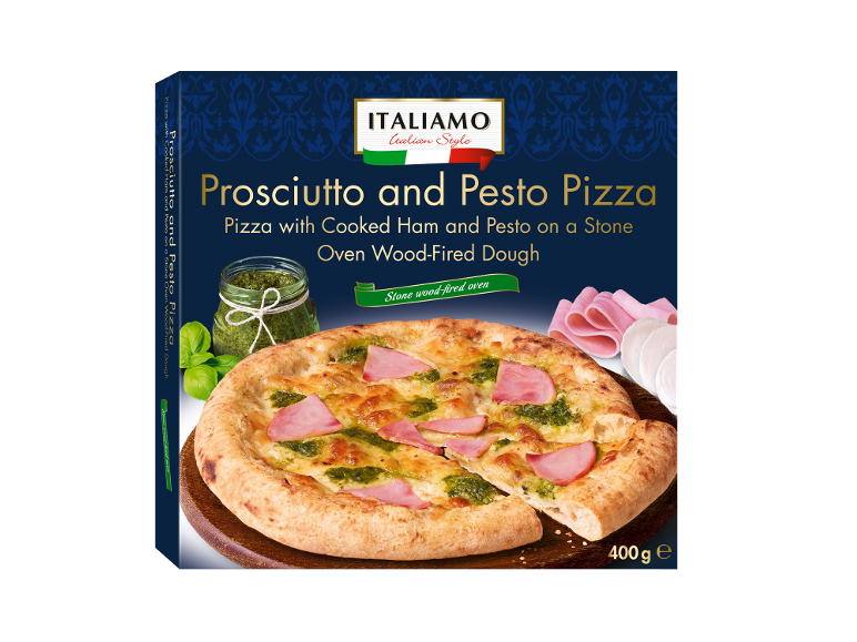 Pizza s kuhano šunko in pestom na kamniti peči, 400g.