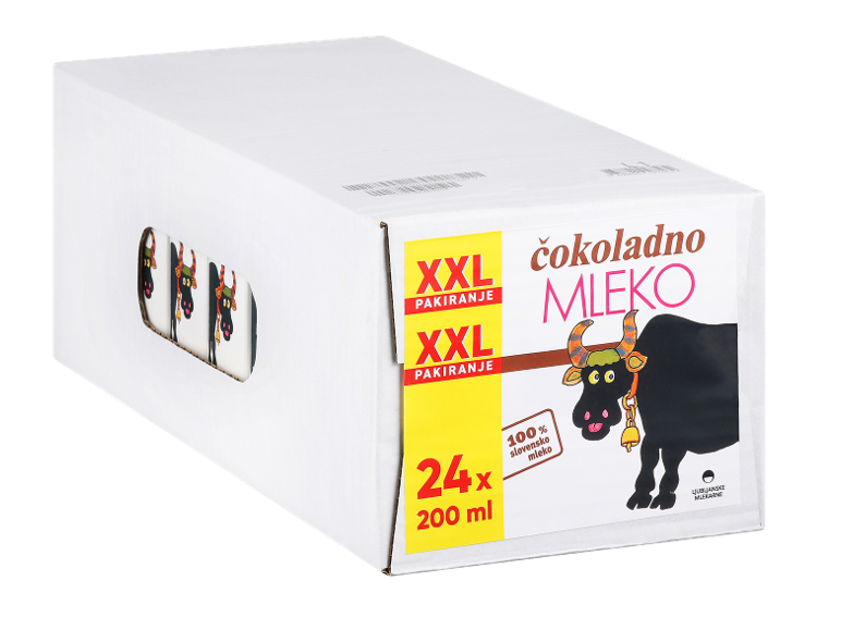 Škatla z 24x200 ml pakiranji čokoladnega mleka, z risbo krave.