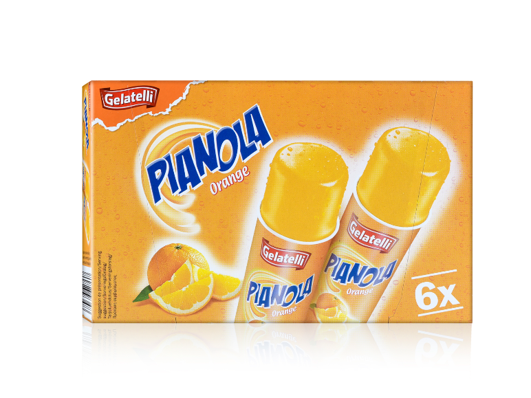 Pakiranje šestih pomarančnih sladoledov, z oranžnim ozadjem in slikami sadja.