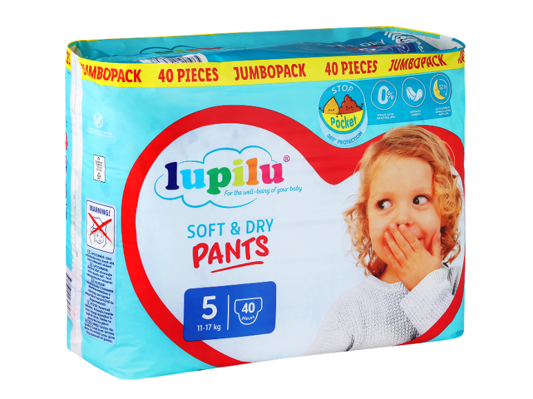 Lupilu Soft & Dry Pants plenice, velikost 5 (11-17 kg), 40 kosov, z 12-urno zaščito.