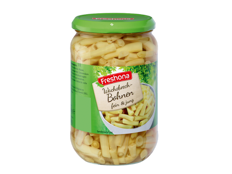 Kozarec finega stročjega fižola v slanici, z zeleno-bež etiketo.