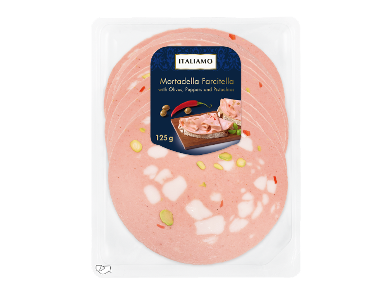 Mortadela Farcitella z olivami, papriko in pistacijami, 125 g
