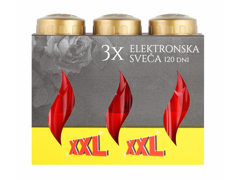 Paket 3 rdečih elektronskih sveč z napisom 'XXL' in 120-dnevno življenjsko dobo.