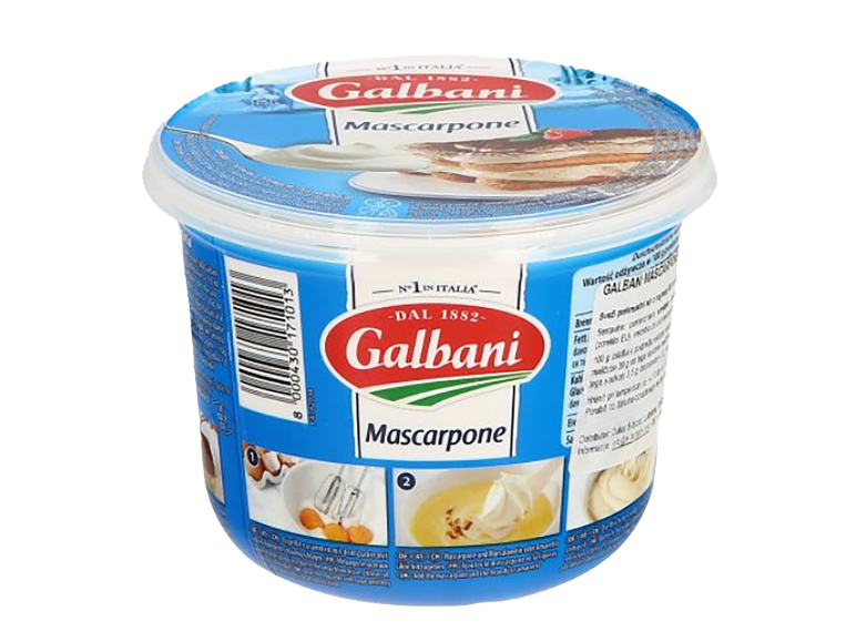 Pakiranje mascarpone sira z logotipom in informacijami o izdelku.