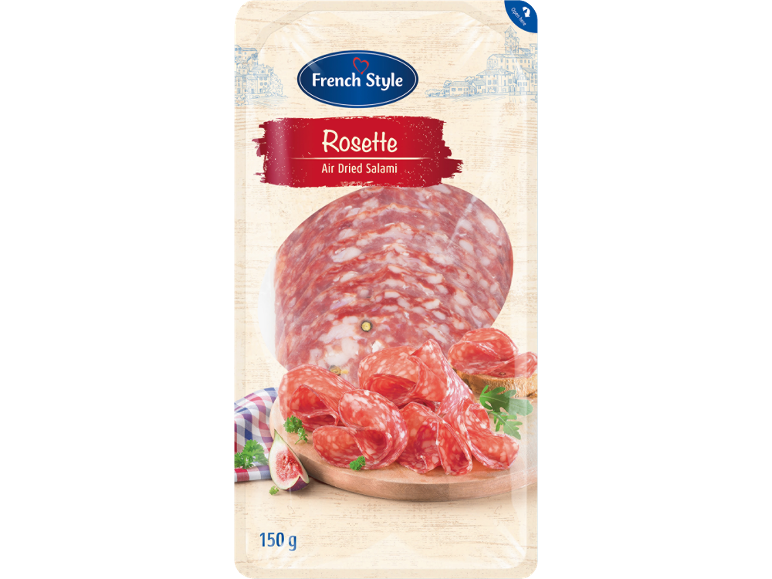 Pakiranje zračno sušene salame Rosette, z napisom „French Style“ in 150 g.