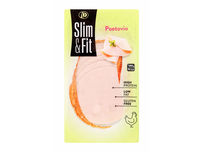 Pakiranje piščančjih narezkov Slim & Fit z 91 kcal na 100g, visoko vsebnostjo beljakovin, nizko vsebnostjo maščob in brez glutena.