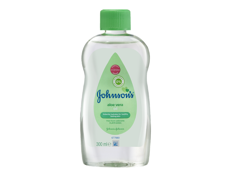 Otroško olje z aloe vero, 300 ml, klinično dokazana blagost, brez barvil in ftalatov.