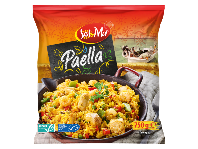 Zamrznjena paella z morskimi sadeži in piščancem v 750g pakiranju, s certifikati trajnosti.