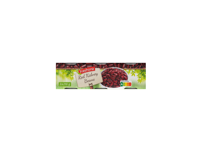 Paket rdečega fižola z oznako Nutri-Score A, 3x210 g.