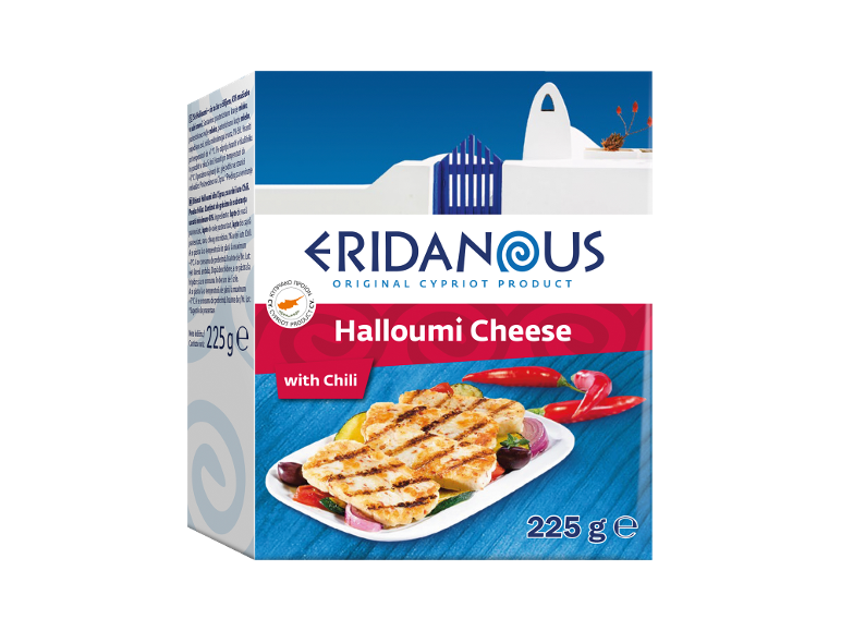 Halloumi sir s čilijem v 225 g pakiranju, z grško navdihnjenim dizajnom.