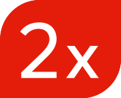 Rdeča značka z belim besedilom „2x“.